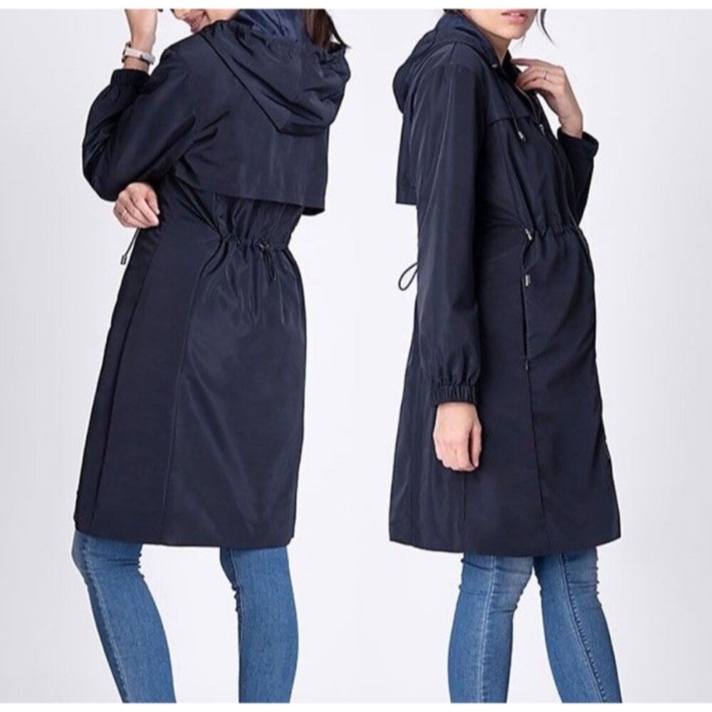 Seraphine Hooded Trench Coat Navy Blue Maternity US 6 Gray Heather Lining